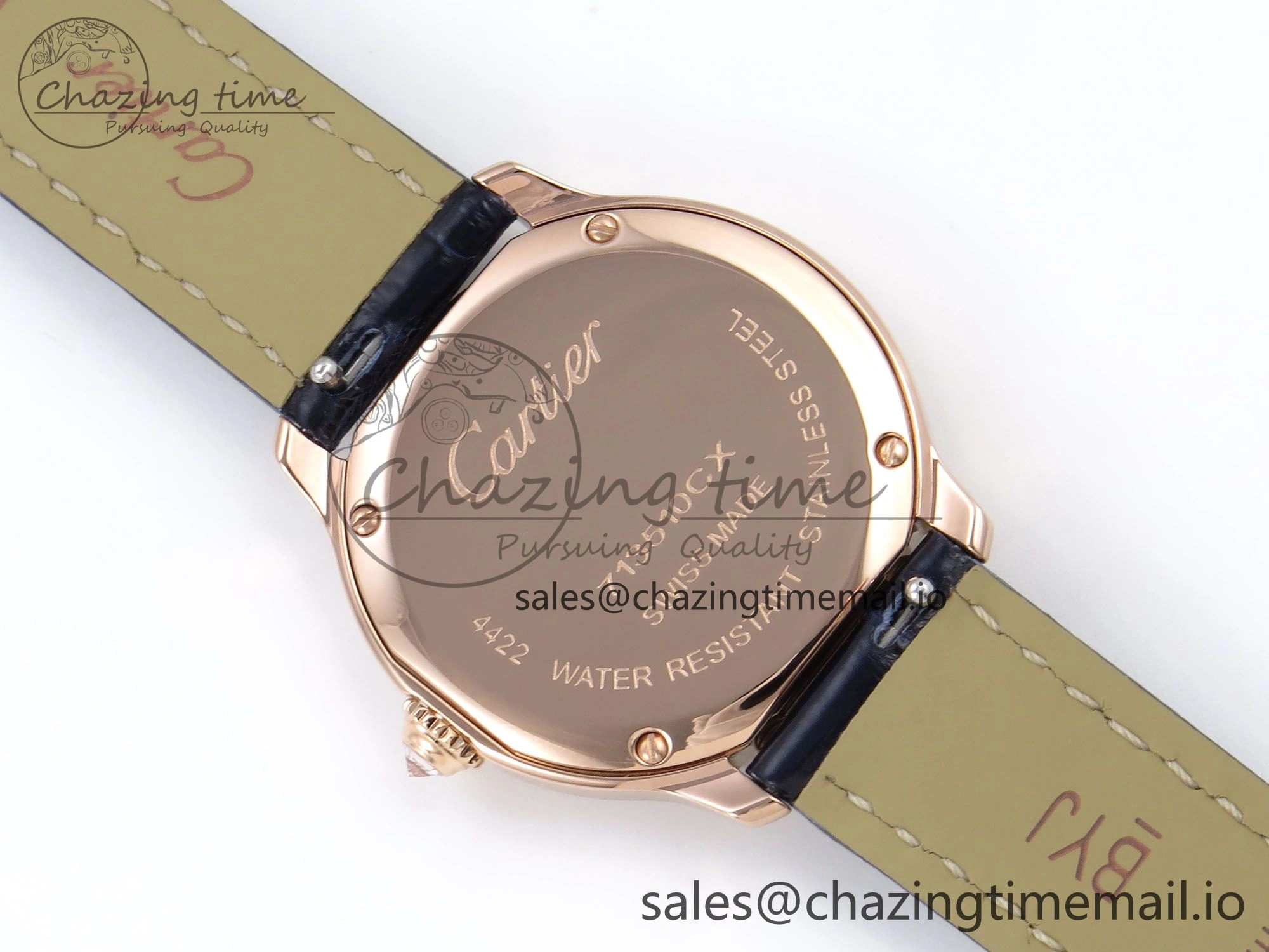 Ronde Louis Cartier 29mm RG DRF 1:1 Best Edition Sandblasted Beige Dial Diamonds Bezel on Blue Leather Strap Ronda Quartz OnTrend 5873