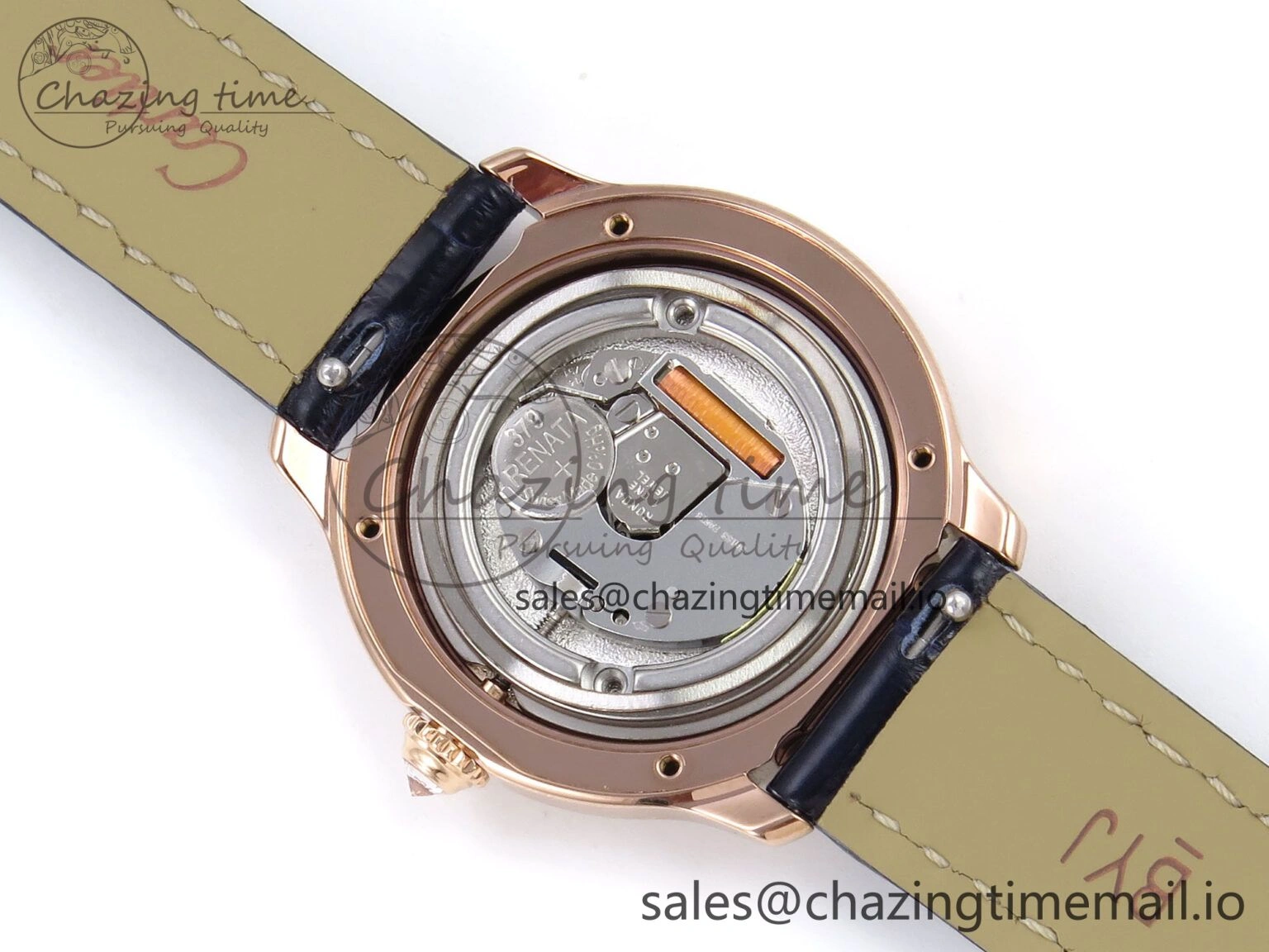 Ronde Louis Cartier 29mm RG DRF 1:1 Best Edition Sandblasted Beige Dial Diamonds Bezel on Blue Leather Strap Ronda Quartz OnTrend 5873