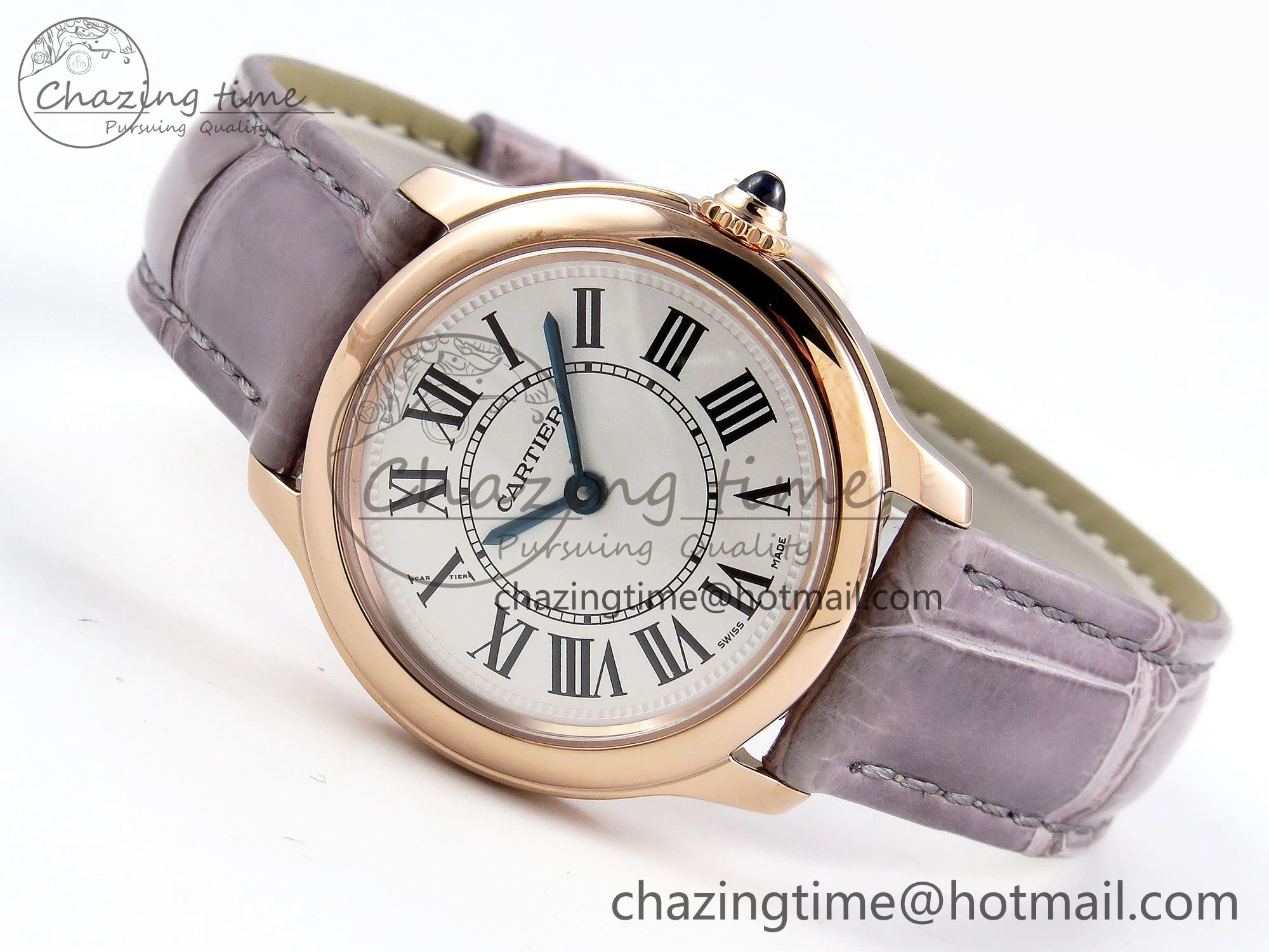 ComfortFit Ronde Louis Cartier 29mm RG DRF 1:1 Best Edition Sandblasted Beige Dial on Purple Leather Strap Ronda Quartz 5975