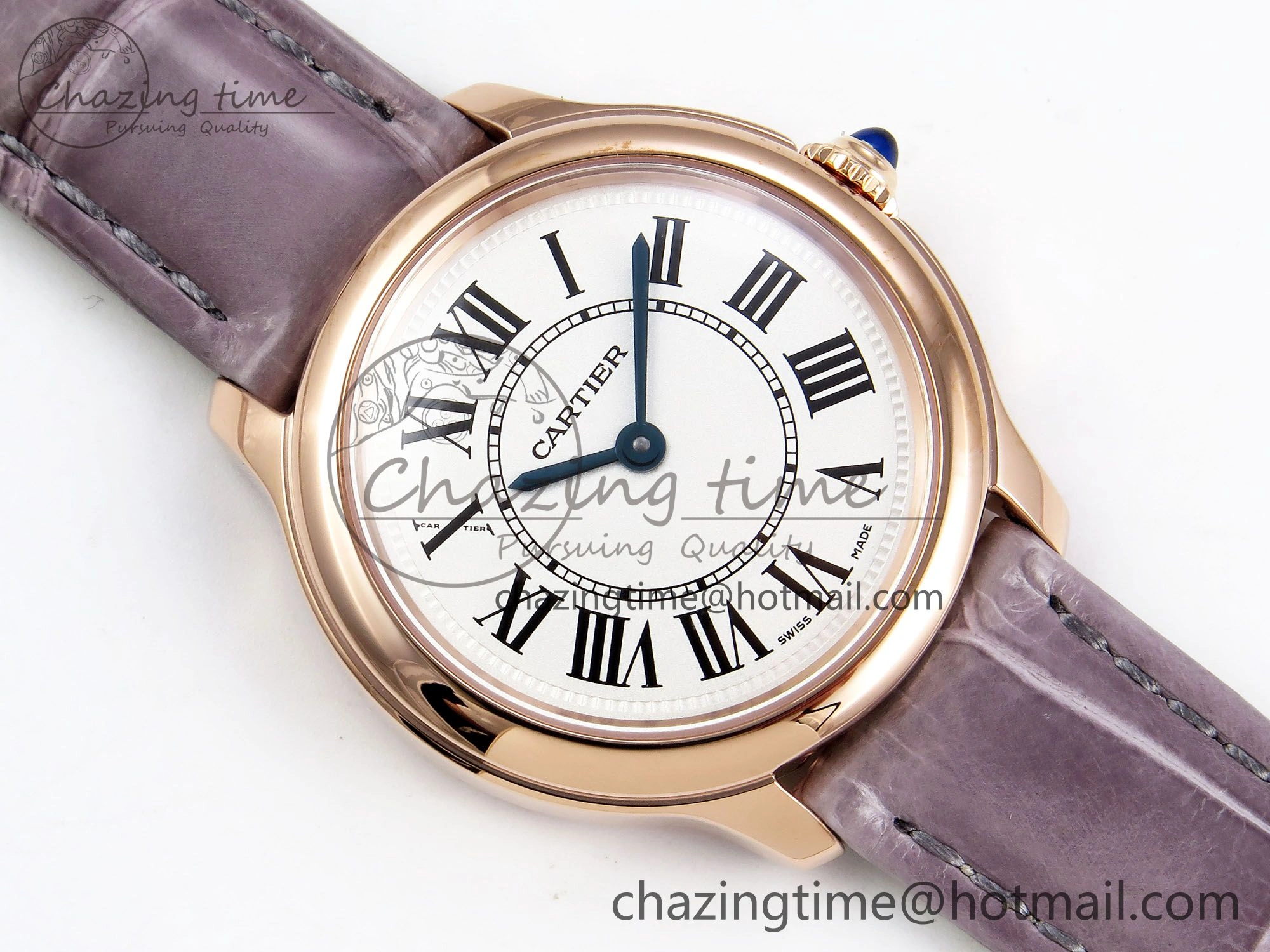 ComfortFit Ronde Louis Cartier 29mm RG DRF 1:1 Best Edition Sandblasted Beige Dial on Purple Leather Strap Ronda Quartz 5975