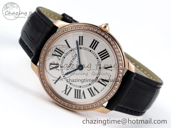 Ronde Louis Cartier 36mm RG DRF 1:1 Best Edition Sandblasted Beige Dial Diamonds Bezel on Black Leather Strap Ronda Quartz GoodFit 5971