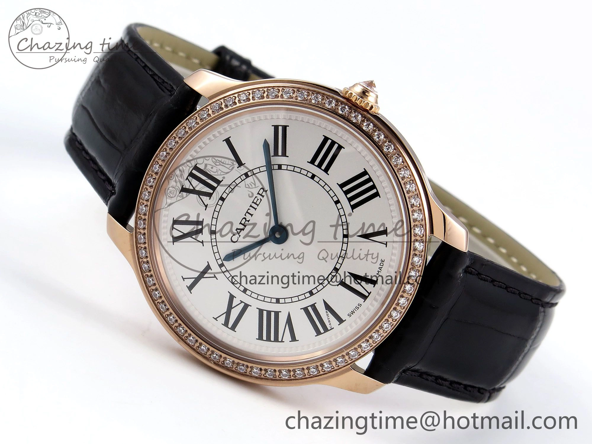 Ronde Louis Cartier 36mm RG DRF 1:1 Best Edition Sandblasted Beige Dial Diamonds Bezel on Black Leather Strap Ronda Quartz GoodFit 5971