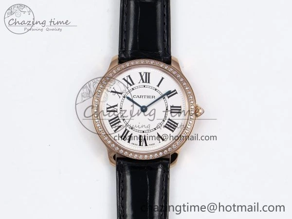Ronde Louis Cartier 36mm RG DRF 1:1 Best Edition Sandblasted Beige Dial Diamonds Bezel on Black Leather Strap Ronda Quartz GoodFit 5971