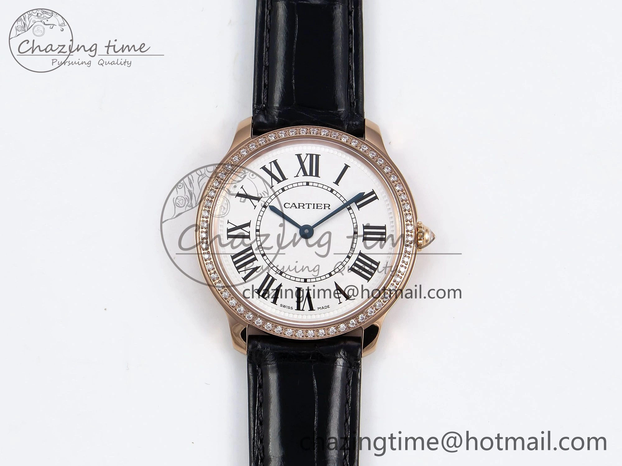 Ronde Louis Cartier 36mm RG DRF 1:1 Best Edition Sandblasted Beige Dial Diamonds Bezel on Black Leather Strap Ronda Quartz GoodFit 5971
