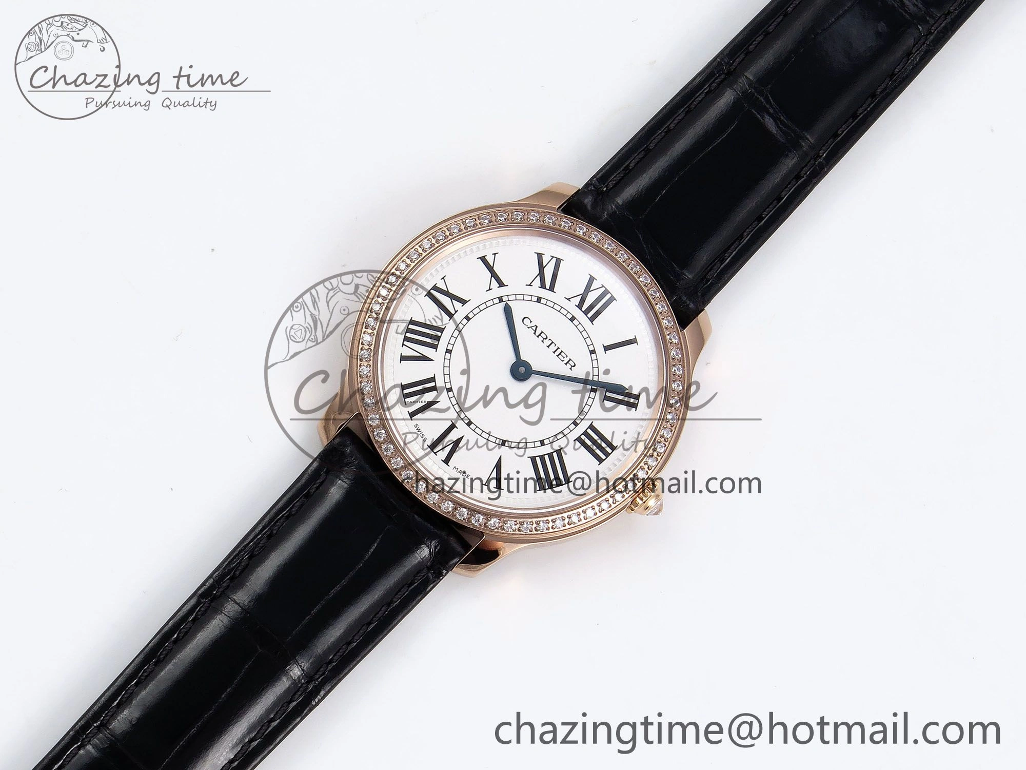 Ronde Louis Cartier 36mm RG DRF 1:1 Best Edition Sandblasted Beige Dial Diamonds Bezel on Black Leather Strap Ronda Quartz GoodFit 5971