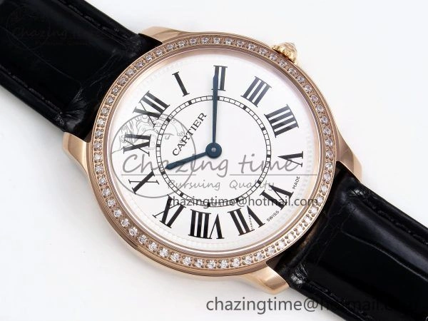 Ronde Louis Cartier 36mm RG DRF 1:1 Best Edition Sandblasted Beige Dial Diamonds Bezel on Black Leather Strap Ronda Quartz GoodFit 5971