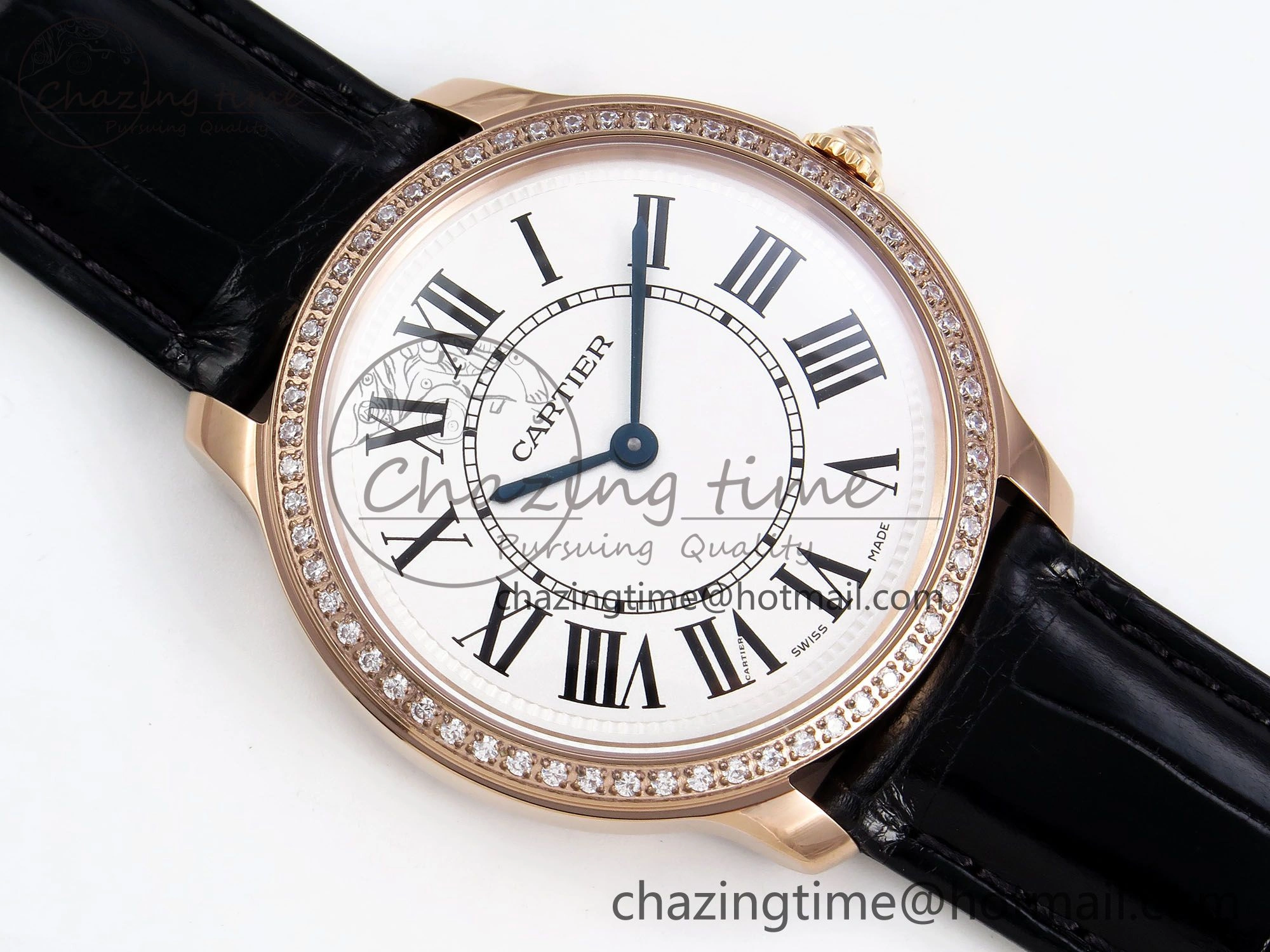 Ronde Louis Cartier 36mm RG DRF 1:1 Best Edition Sandblasted Beige Dial Diamonds Bezel on Black Leather Strap Ronda Quartz GoodFit 5971