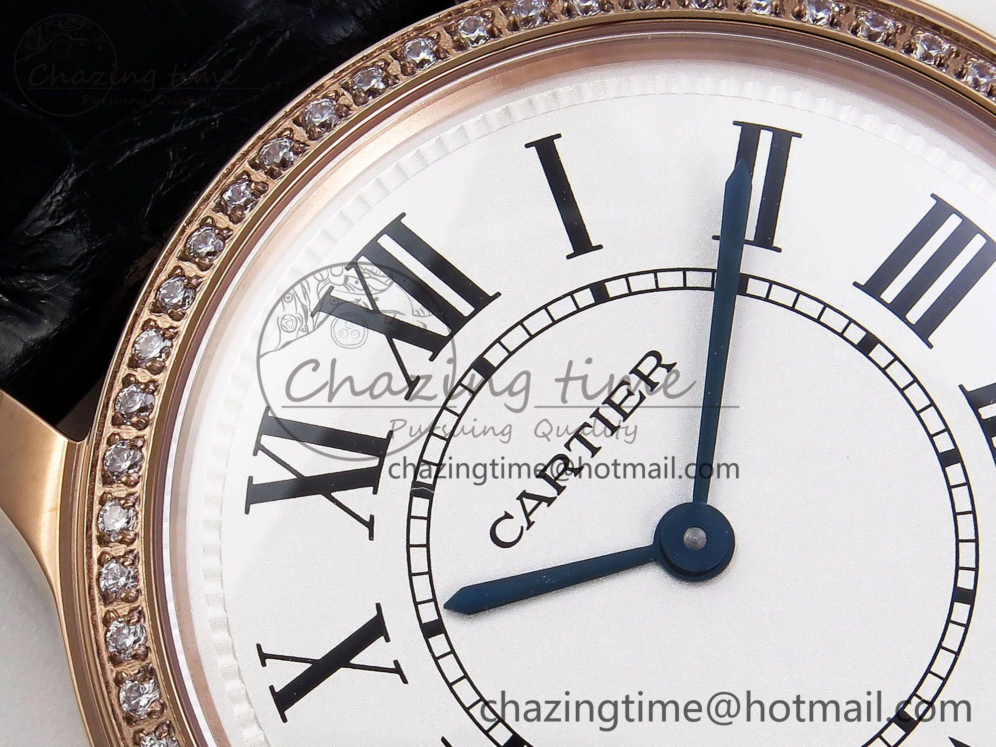 Ronde Louis Cartier 36mm RG DRF 1:1 Best Edition Sandblasted Beige Dial Diamonds Bezel on Black Leather Strap Ronda Quartz GoodFit 5971