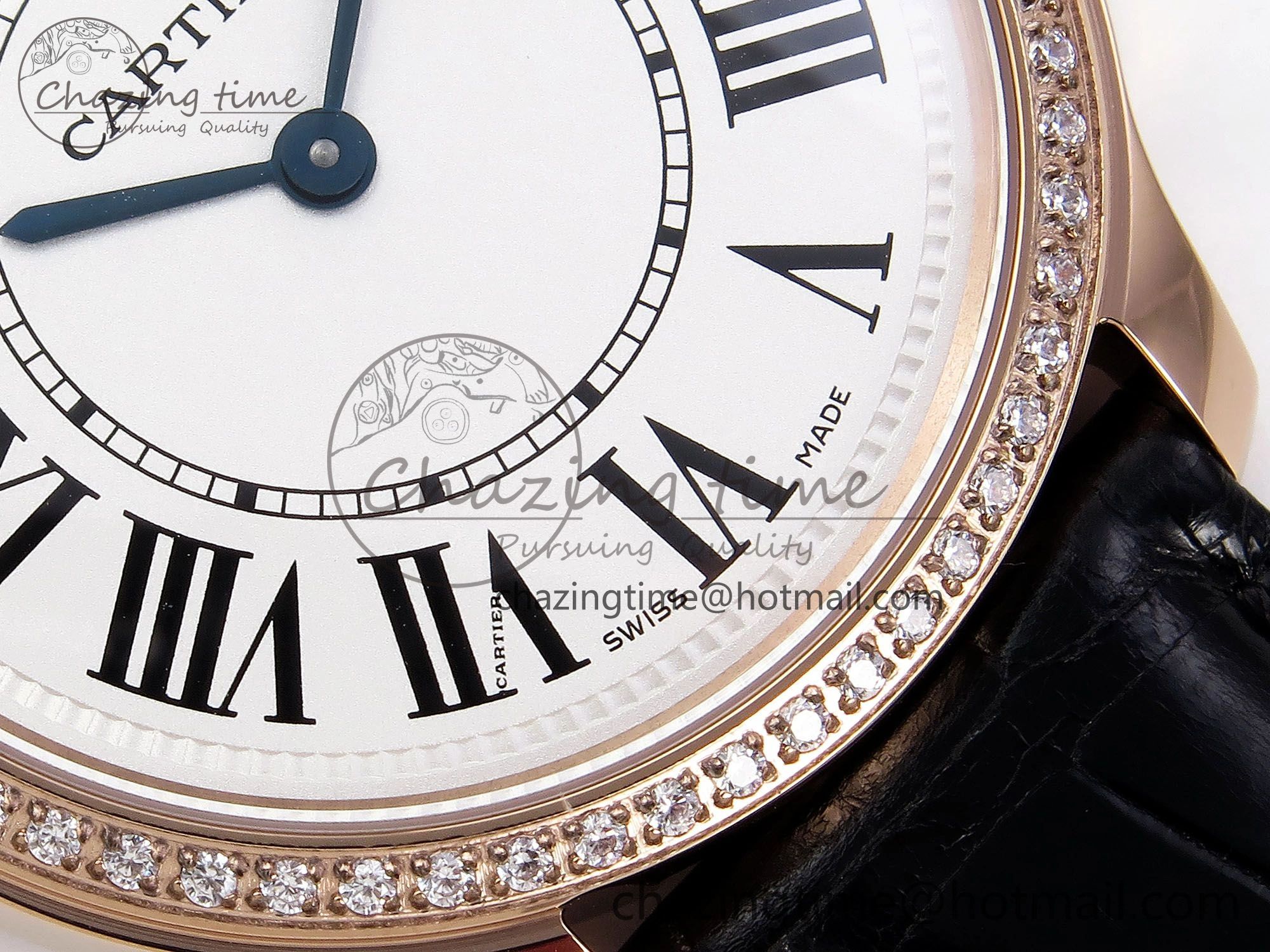 Ronde Louis Cartier 36mm RG DRF 1:1 Best Edition Sandblasted Beige Dial Diamonds Bezel on Black Leather Strap Ronda Quartz GoodFit 5971