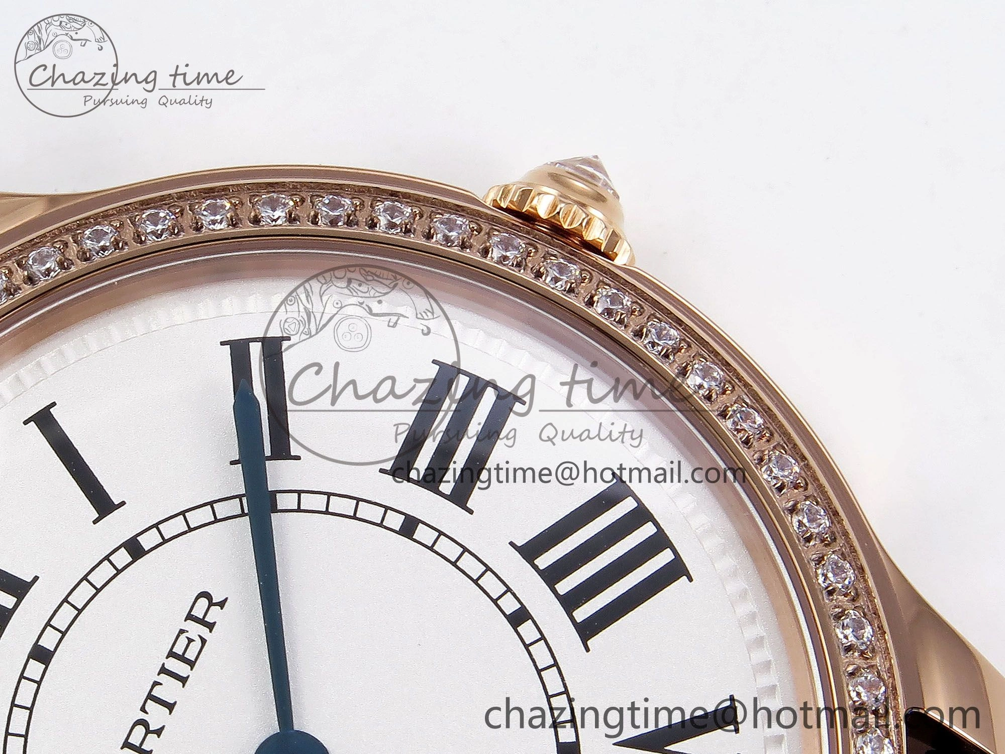 Ronde Louis Cartier 36mm RG DRF 1:1 Best Edition Sandblasted Beige Dial Diamonds Bezel on Black Leather Strap Ronda Quartz GoodFit 5971