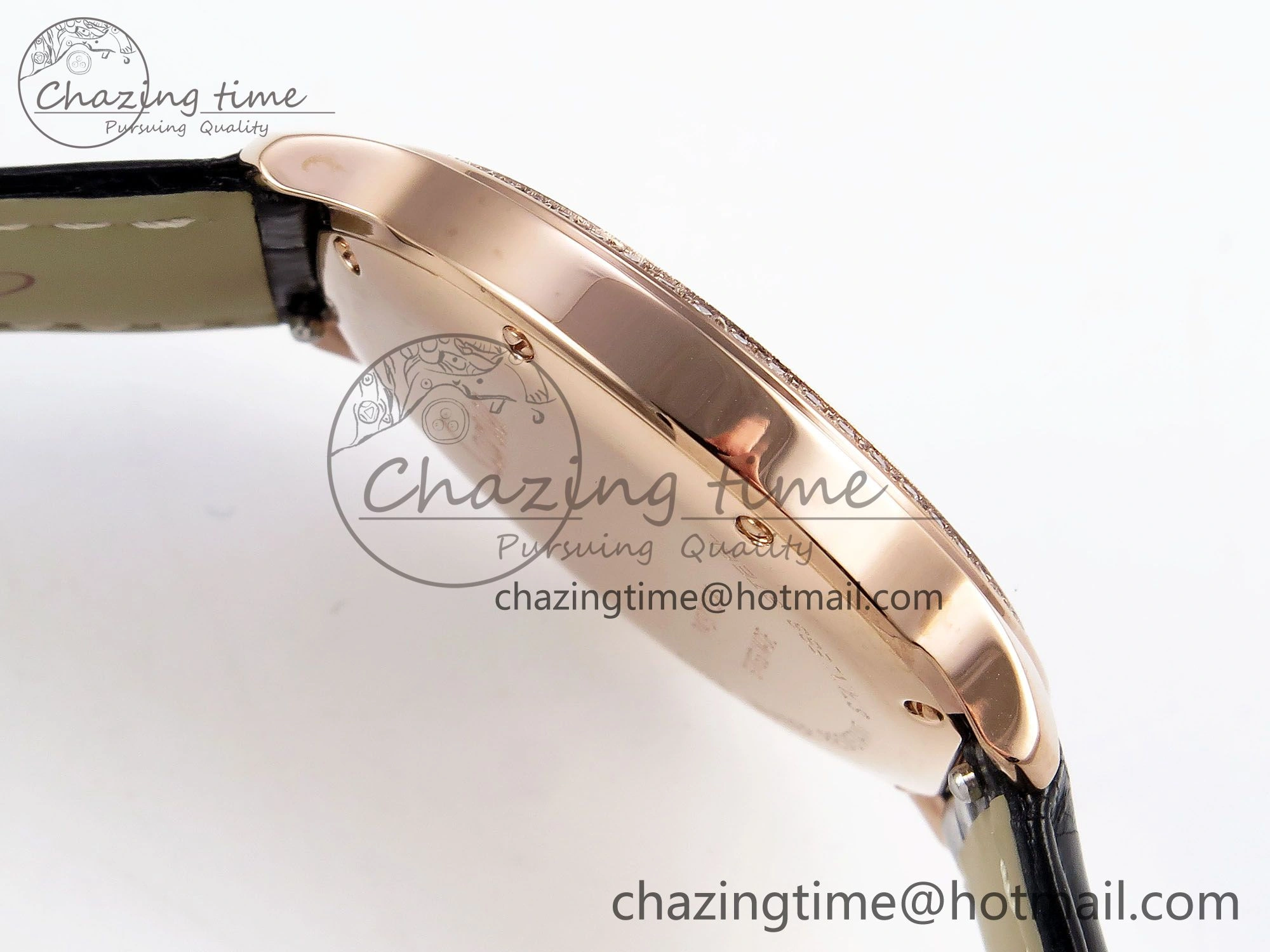 Ronde Louis Cartier 36mm RG DRF 1:1 Best Edition Sandblasted Beige Dial Diamonds Bezel on Black Leather Strap Ronda Quartz GoodFit 5971