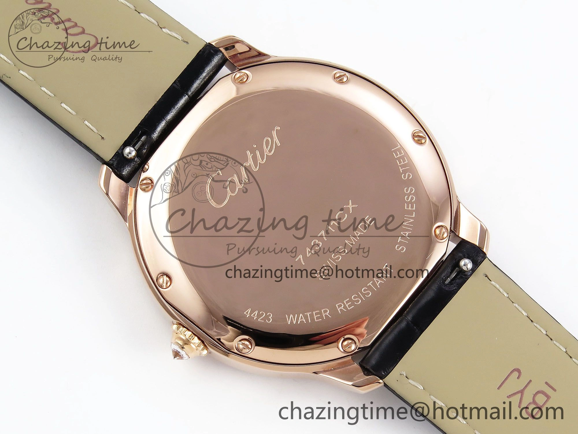 Ronde Louis Cartier 36mm RG DRF 1:1 Best Edition Sandblasted Beige Dial Diamonds Bezel on Black Leather Strap Ronda Quartz GoodFit 5971
