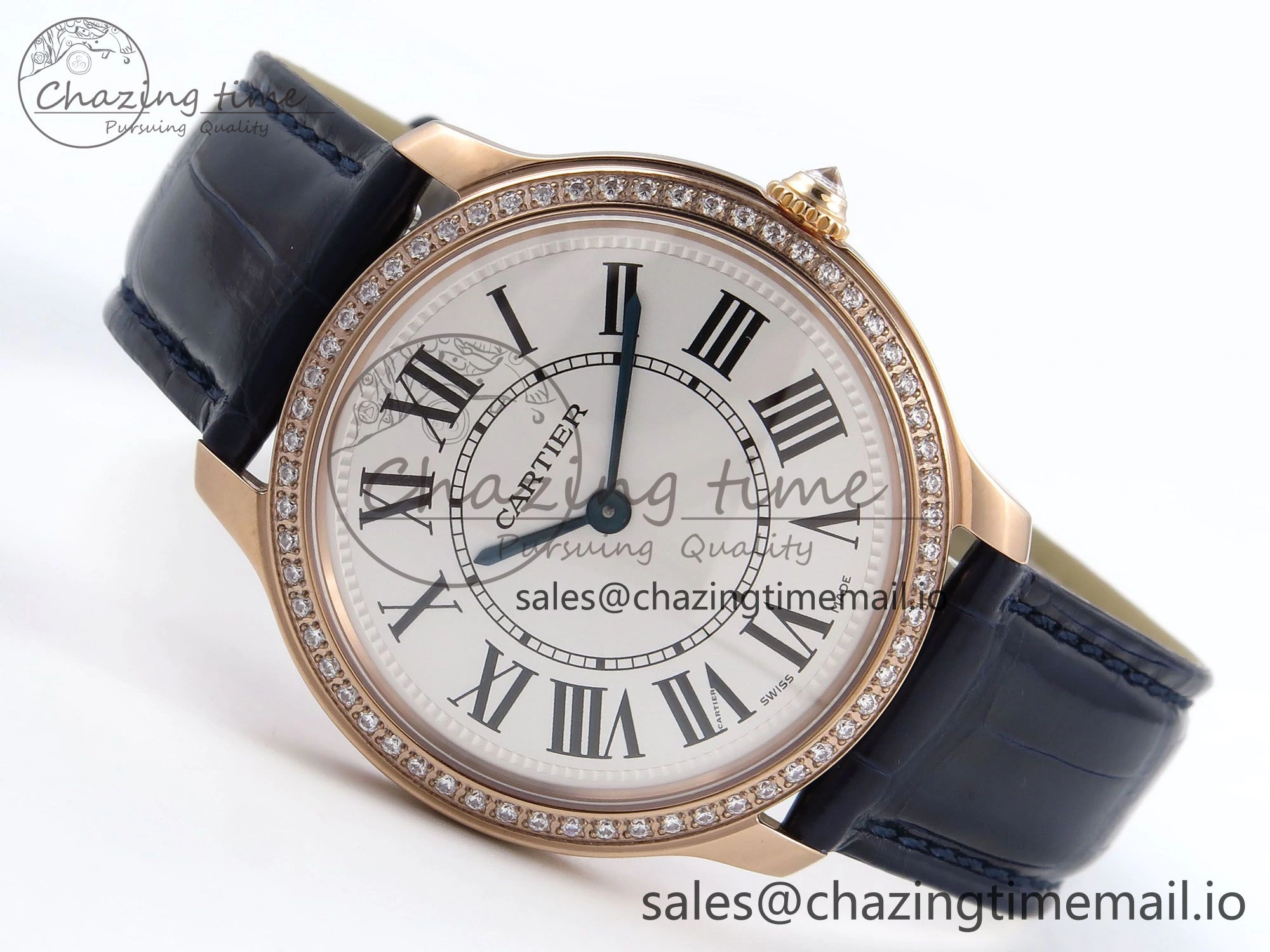 Seasonal Ronde Louis Cartier 36mm RG DRF 1:1 Best Edition Sandblasted Beige Dial Diamonds Bezel on Blue Leather Strap Ronda Quartz 5872