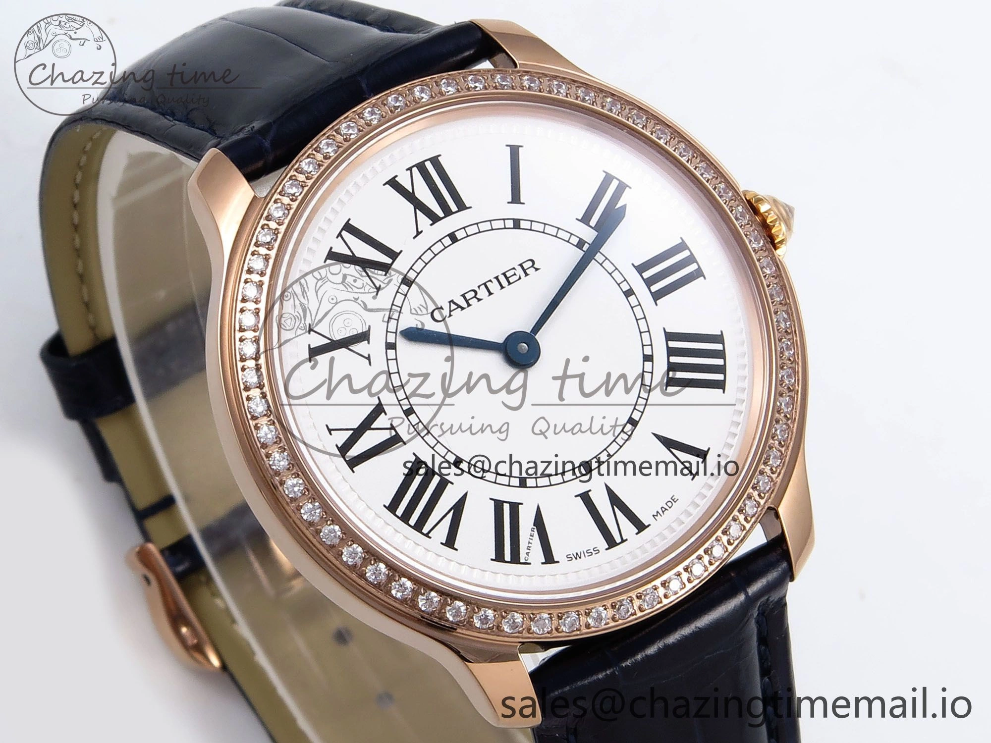 Seasonal Ronde Louis Cartier 36mm RG DRF 1:1 Best Edition Sandblasted Beige Dial Diamonds Bezel on Blue Leather Strap Ronda Quartz 5872