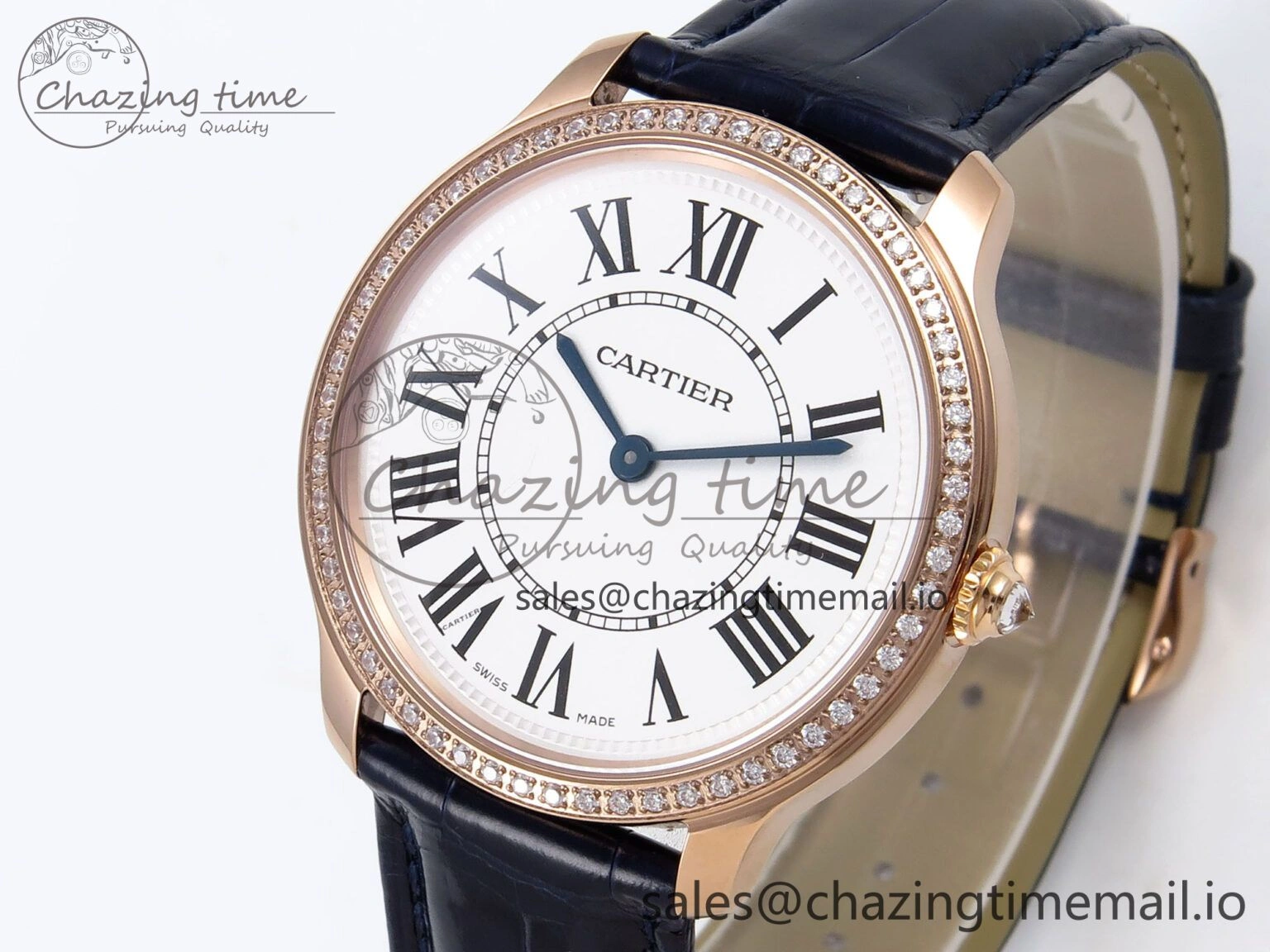 Seasonal Ronde Louis Cartier 36mm RG DRF 1:1 Best Edition Sandblasted Beige Dial Diamonds Bezel on Blue Leather Strap Ronda Quartz 5872