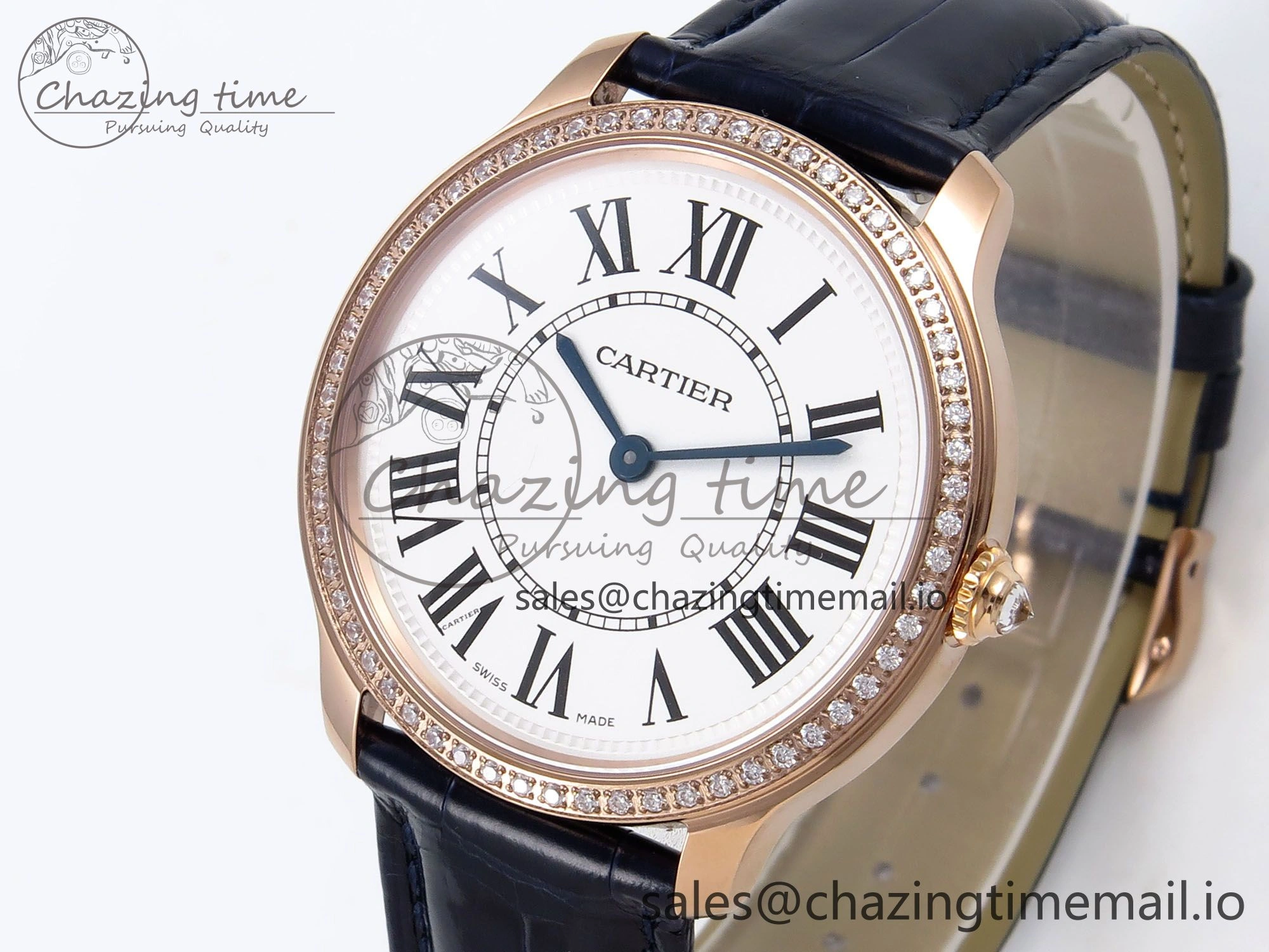 Seasonal Ronde Louis Cartier 36mm RG DRF 1:1 Best Edition Sandblasted Beige Dial Diamonds Bezel on Blue Leather Strap Ronda Quartz 5872