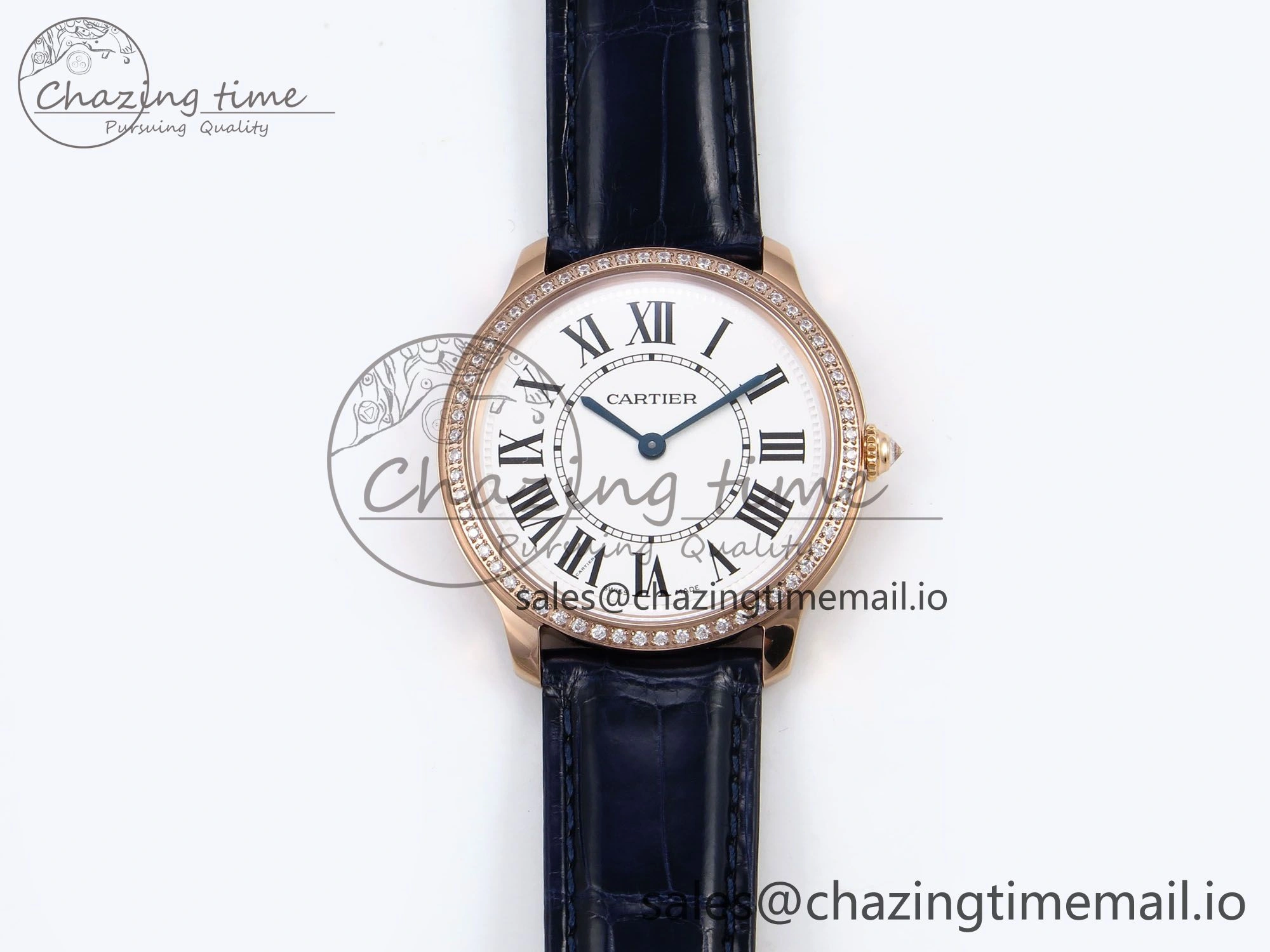 Seasonal Ronde Louis Cartier 36mm RG DRF 1:1 Best Edition Sandblasted Beige Dial Diamonds Bezel on Blue Leather Strap Ronda Quartz 5872