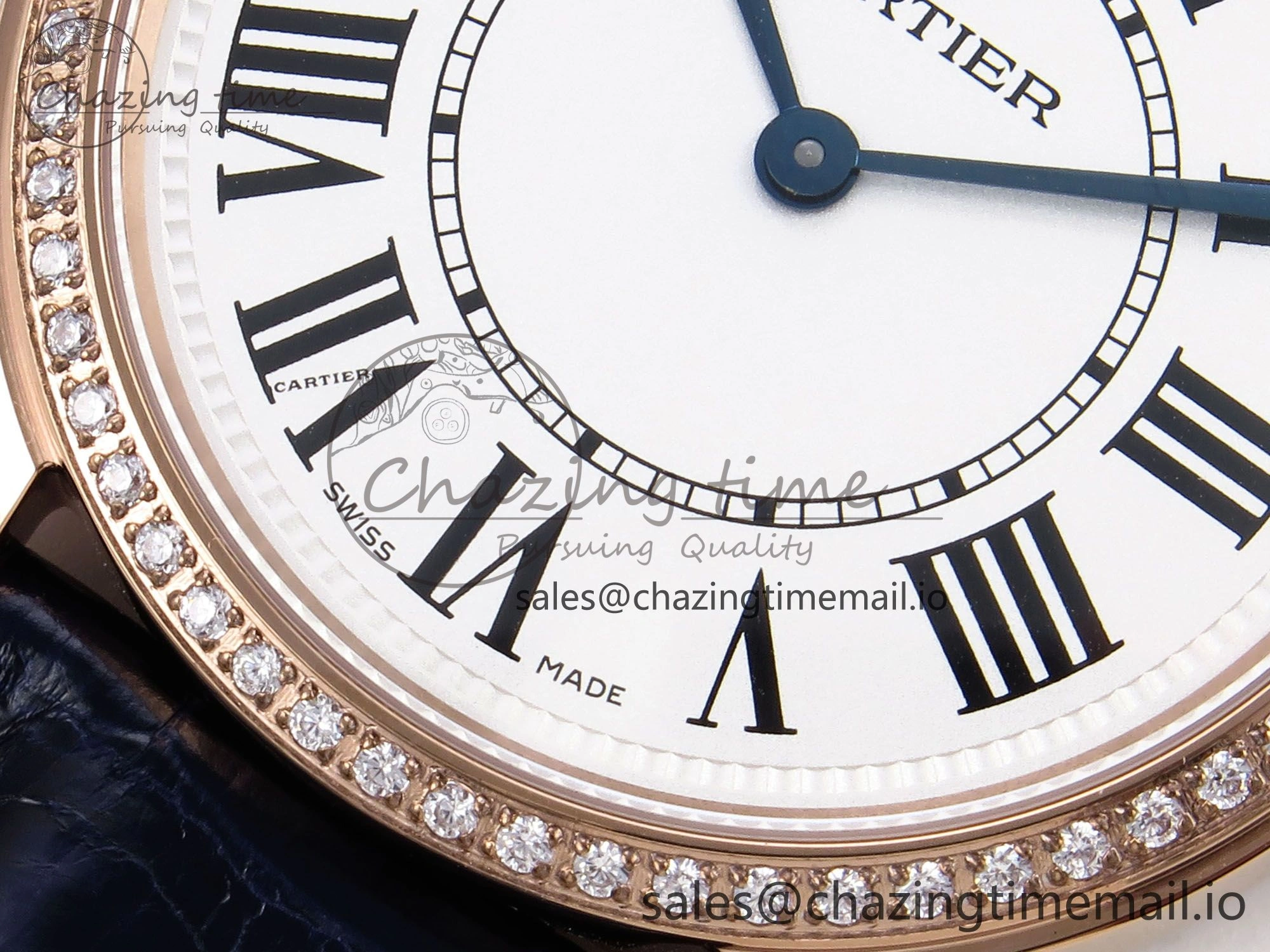 Seasonal Ronde Louis Cartier 36mm RG DRF 1:1 Best Edition Sandblasted Beige Dial Diamonds Bezel on Blue Leather Strap Ronda Quartz 5872