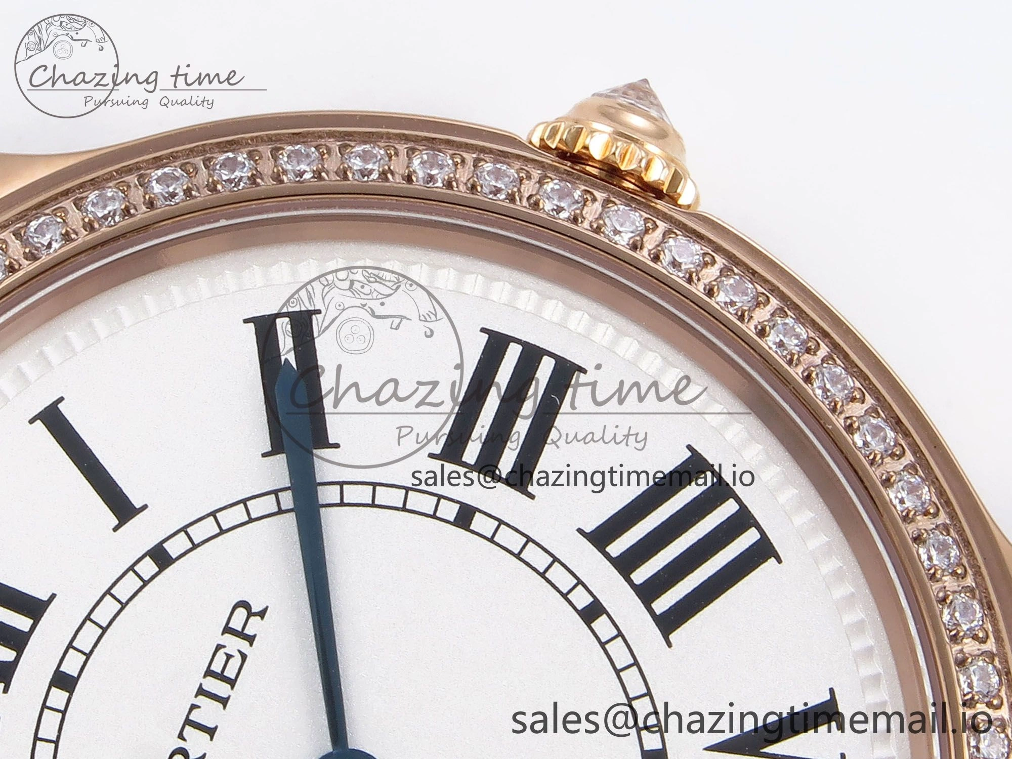 Seasonal Ronde Louis Cartier 36mm RG DRF 1:1 Best Edition Sandblasted Beige Dial Diamonds Bezel on Blue Leather Strap Ronda Quartz 5872