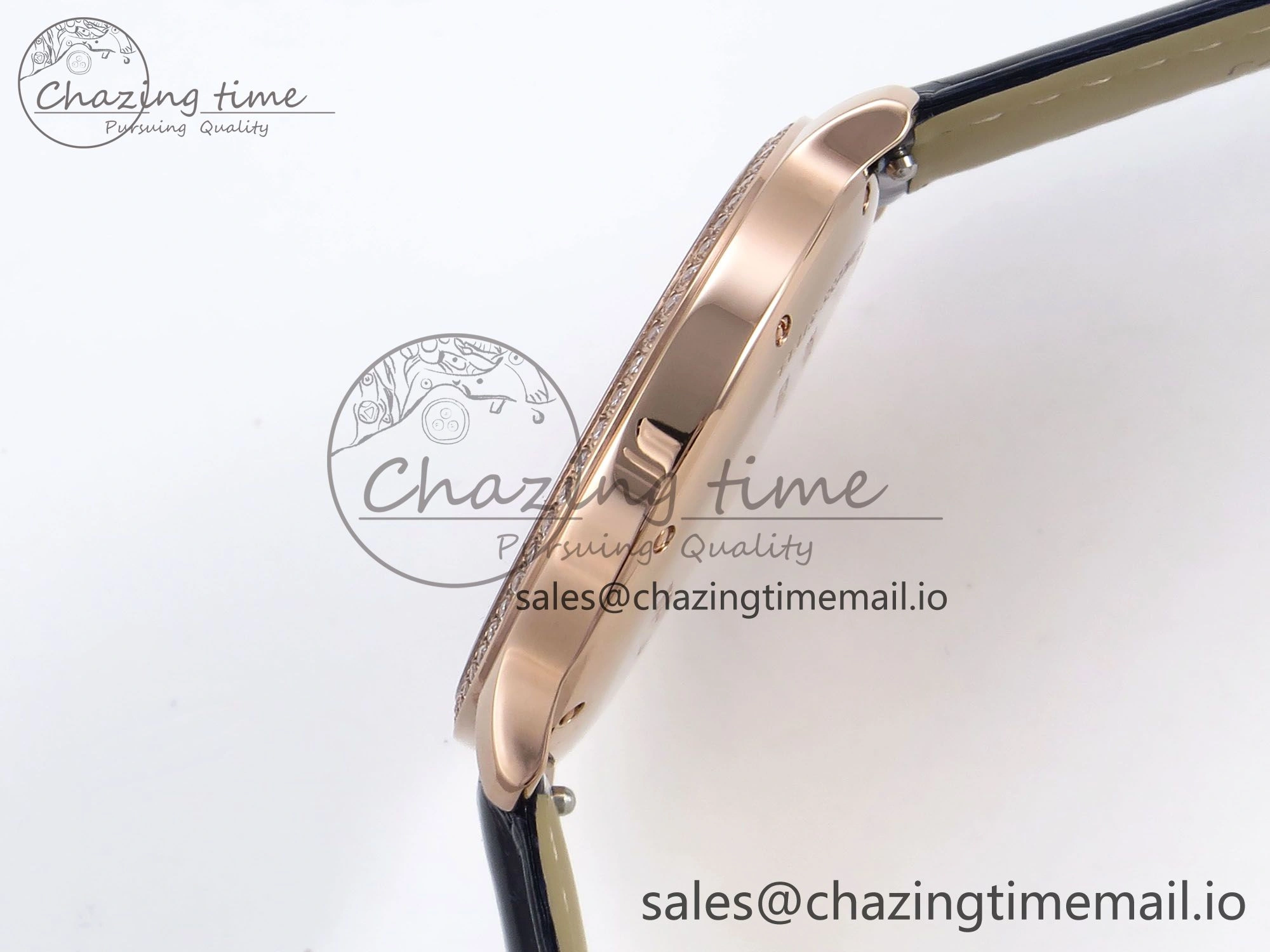 Seasonal Ronde Louis Cartier 36mm RG DRF 1:1 Best Edition Sandblasted Beige Dial Diamonds Bezel on Blue Leather Strap Ronda Quartz 5872