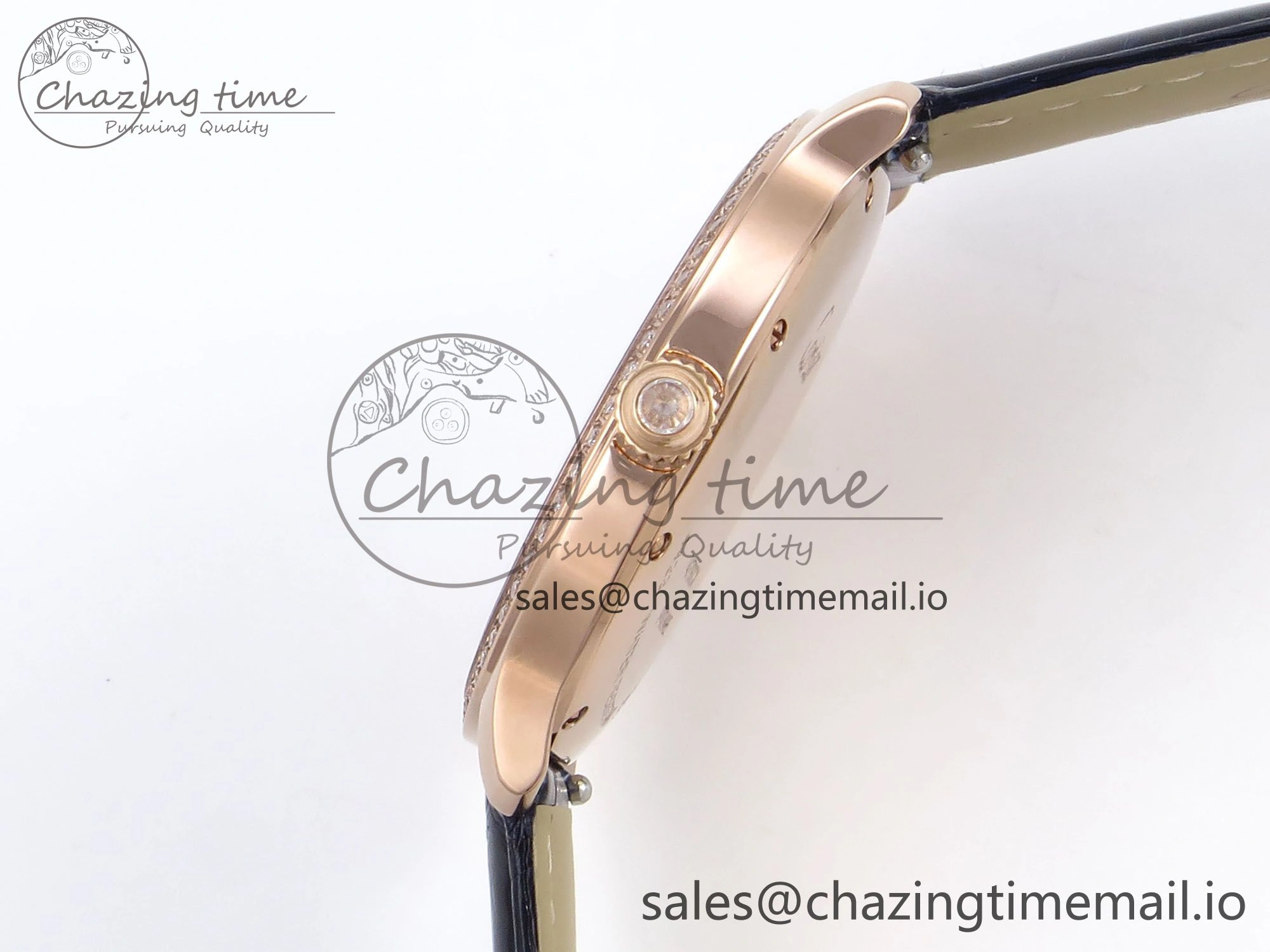 Seasonal Ronde Louis Cartier 36mm RG DRF 1:1 Best Edition Sandblasted Beige Dial Diamonds Bezel on Blue Leather Strap Ronda Quartz 5872