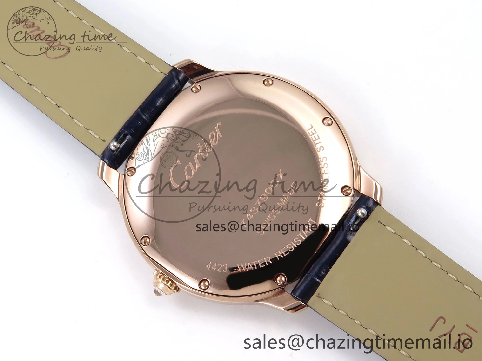 Seasonal Ronde Louis Cartier 36mm RG DRF 1:1 Best Edition Sandblasted Beige Dial Diamonds Bezel on Blue Leather Strap Ronda Quartz 5872