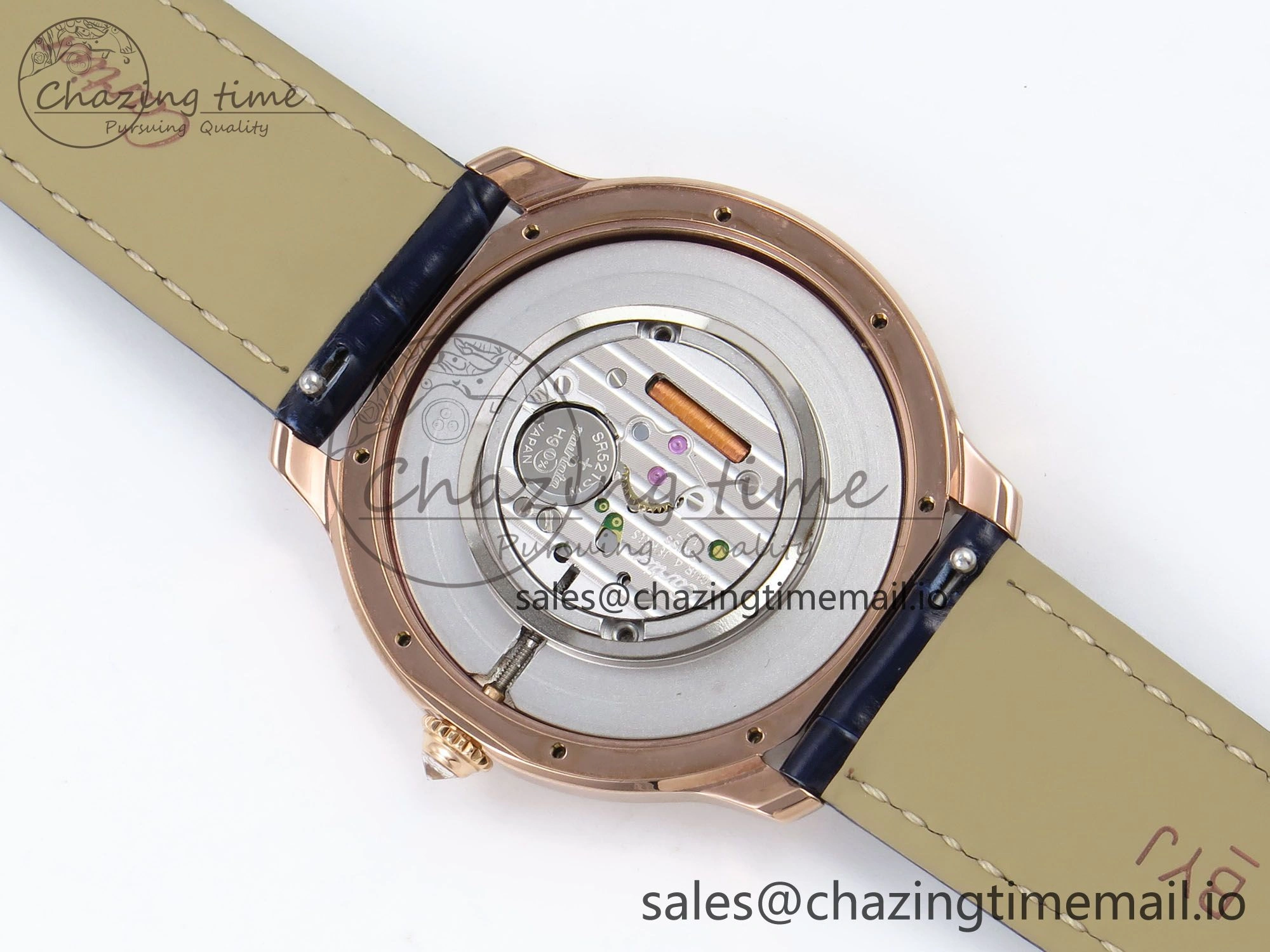Seasonal Ronde Louis Cartier 36mm RG DRF 1:1 Best Edition Sandblasted Beige Dial Diamonds Bezel on Blue Leather Strap Ronda Quartz 5872