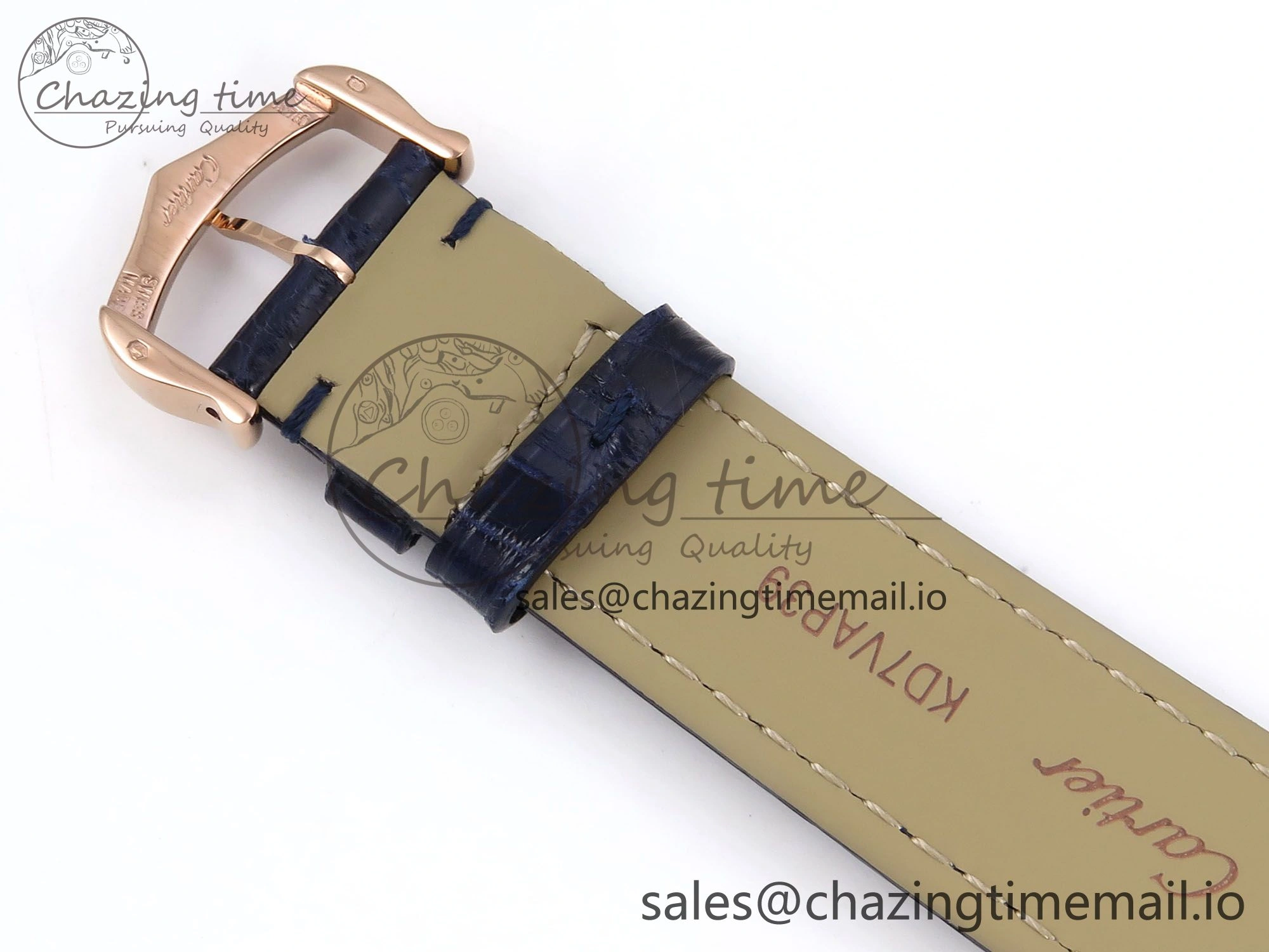 Seasonal Ronde Louis Cartier 36mm RG DRF 1:1 Best Edition Sandblasted Beige Dial Diamonds Bezel on Blue Leather Strap Ronda Quartz 5872