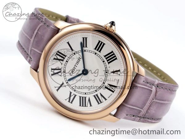 Ronde Louis Cartier 36mm RG DRF 1:1 Best Edition Sandblasted Beige Dial on Purple Leather Strap Ronda Quartz Stretchable 5973