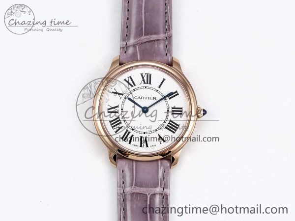 Ronde Louis Cartier 36mm RG DRF 1:1 Best Edition Sandblasted Beige Dial on Purple Leather Strap Ronda Quartz Stretchable 5973