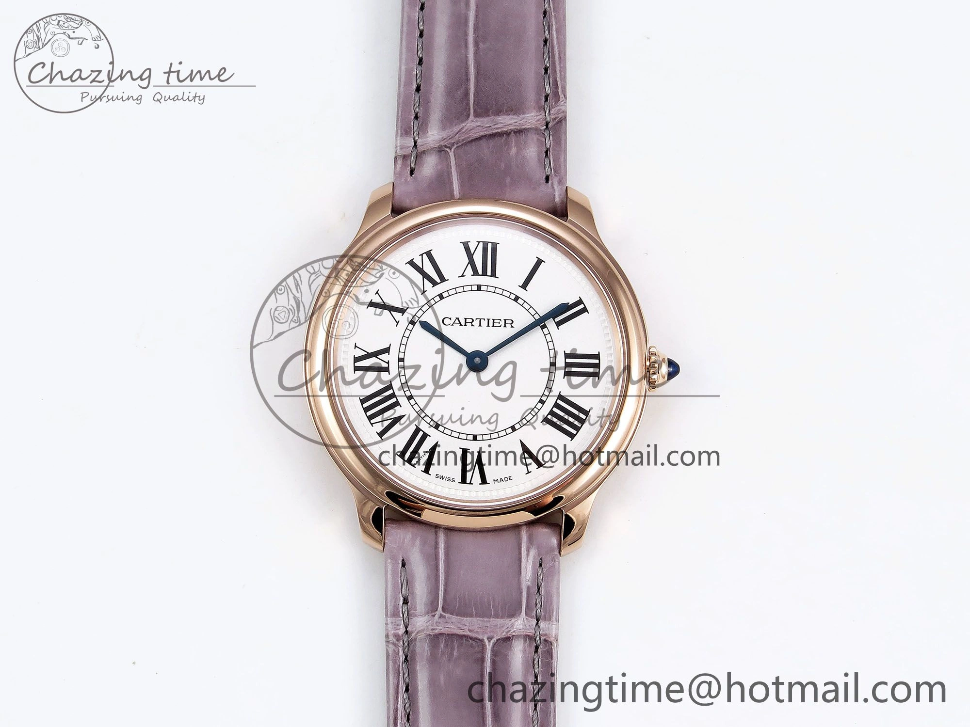 Ronde Louis Cartier 36mm RG DRF 1:1 Best Edition Sandblasted Beige Dial on Purple Leather Strap Ronda Quartz Stretchable 5973