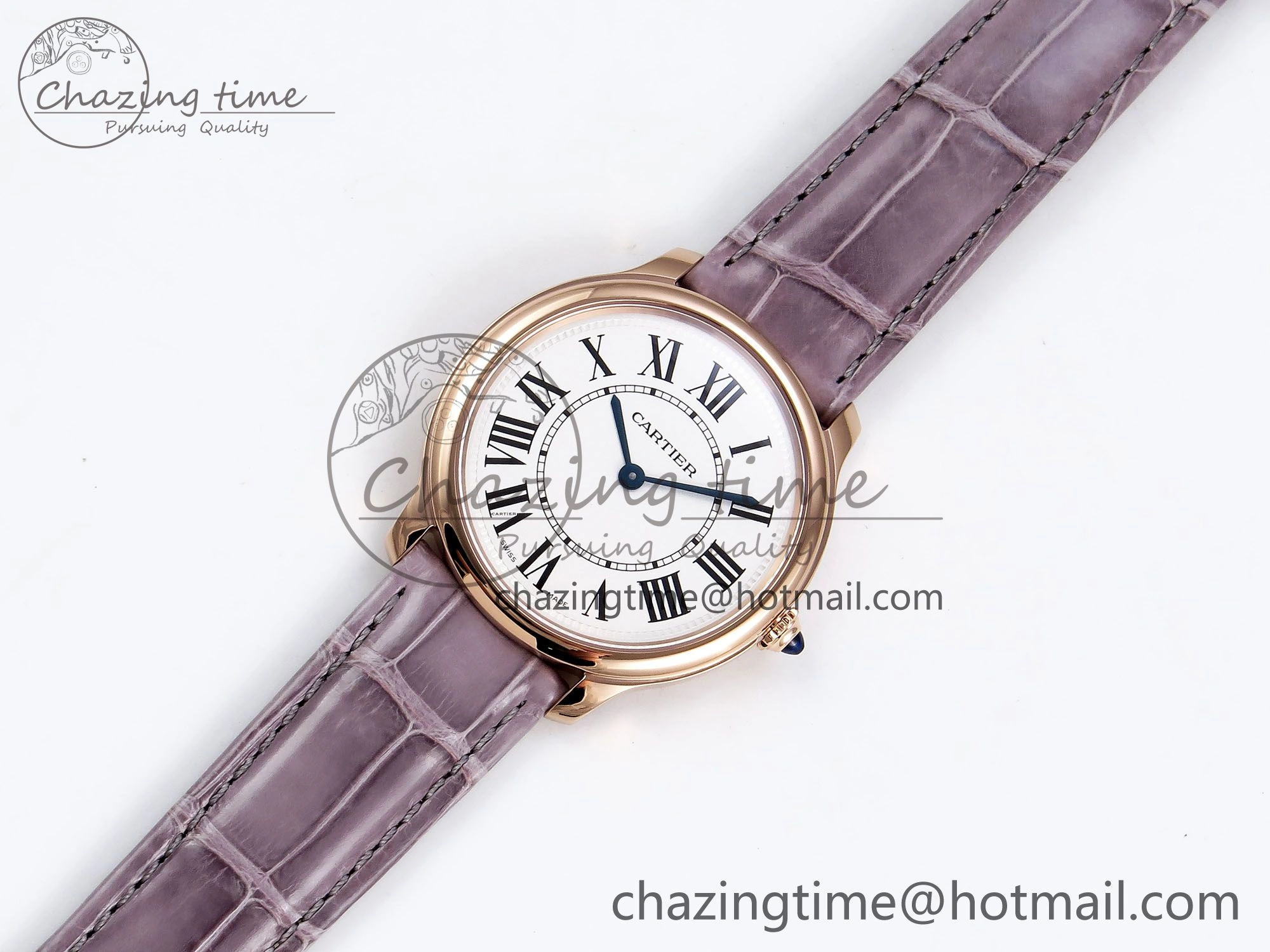 Ronde Louis Cartier 36mm RG DRF 1:1 Best Edition Sandblasted Beige Dial on Purple Leather Strap Ronda Quartz Stretchable 5973