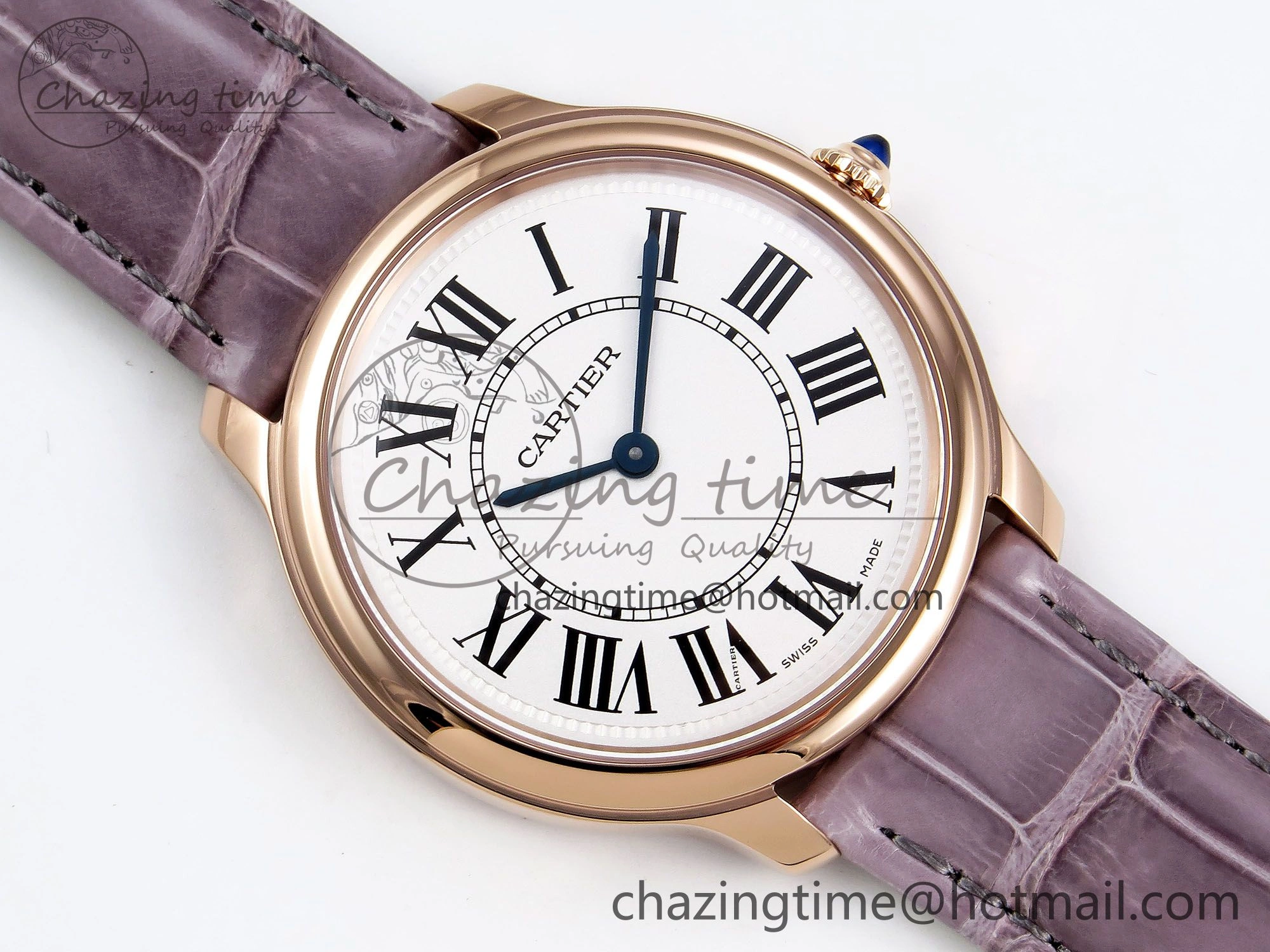 Ronde Louis Cartier 36mm RG DRF 1:1 Best Edition Sandblasted Beige Dial on Purple Leather Strap Ronda Quartz Stretchable 5973