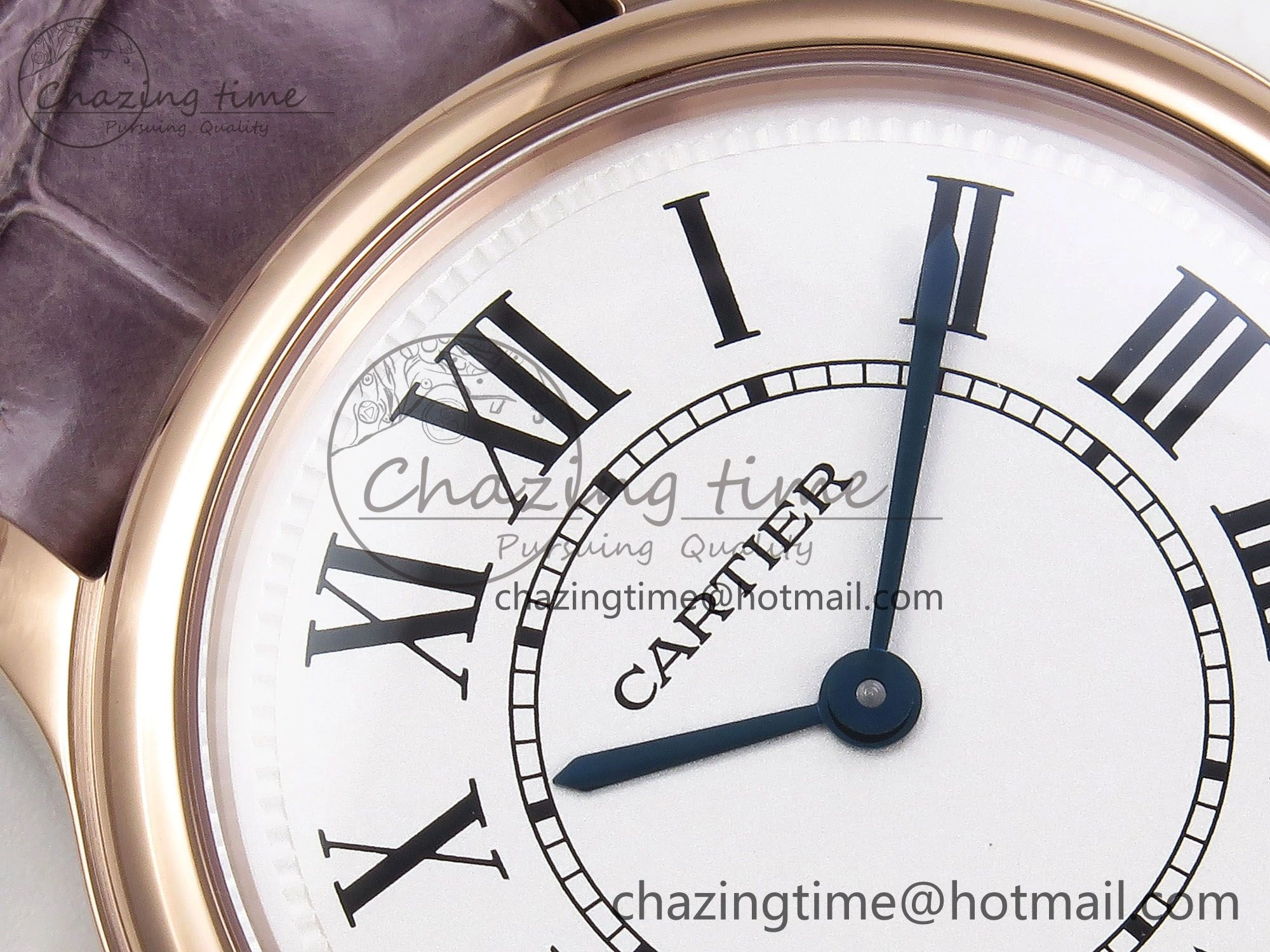 Ronde Louis Cartier 36mm RG DRF 1:1 Best Edition Sandblasted Beige Dial on Purple Leather Strap Ronda Quartz Stretchable 5973