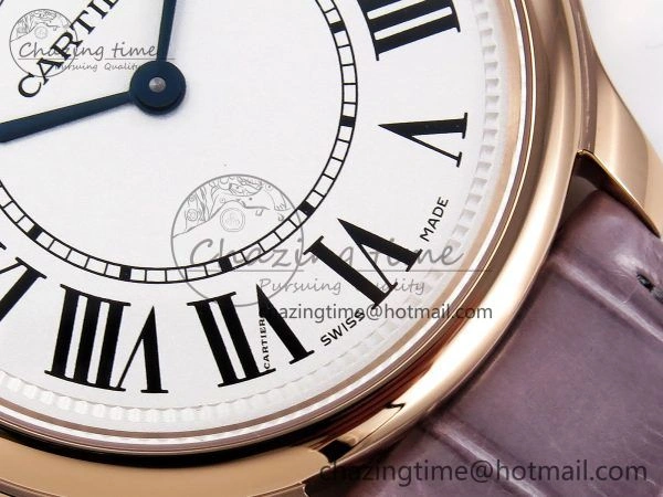 Ronde Louis Cartier 36mm RG DRF 1:1 Best Edition Sandblasted Beige Dial on Purple Leather Strap Ronda Quartz Stretchable 5973