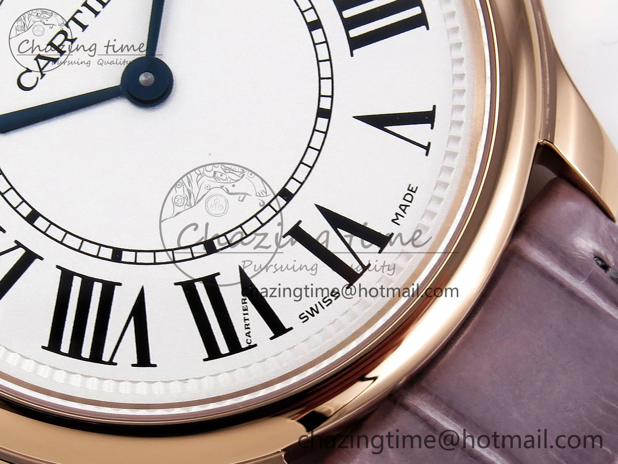 Ronde Louis Cartier 36mm RG DRF 1:1 Best Edition Sandblasted Beige Dial on Purple Leather Strap Ronda Quartz Stretchable 5973