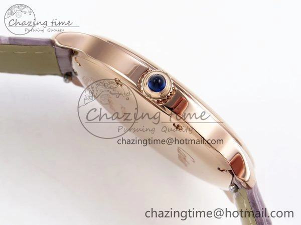 Ronde Louis Cartier 36mm RG DRF 1:1 Best Edition Sandblasted Beige Dial on Purple Leather Strap Ronda Quartz Stretchable 5973