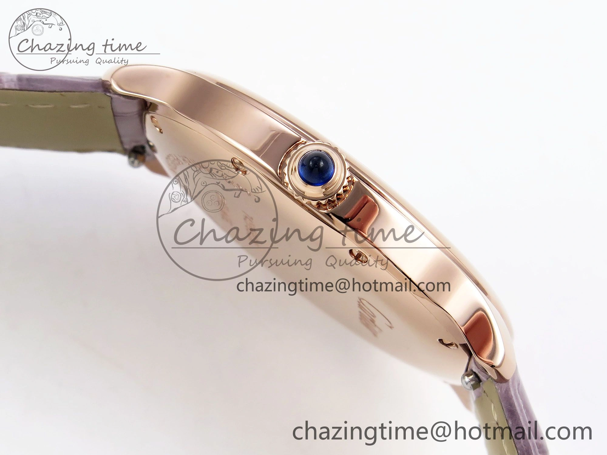 Ronde Louis Cartier 36mm RG DRF 1:1 Best Edition Sandblasted Beige Dial on Purple Leather Strap Ronda Quartz Stretchable 5973