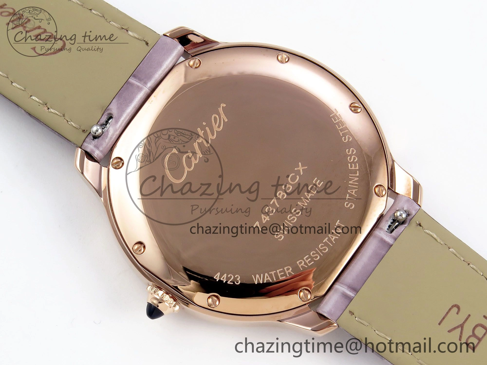 Ronde Louis Cartier 36mm RG DRF 1:1 Best Edition Sandblasted Beige Dial on Purple Leather Strap Ronda Quartz Stretchable 5973