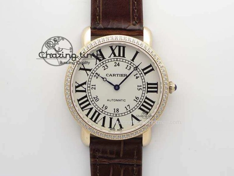 Cozy Ronde Louis Cartier RG UT Best Edition White Dial Diamond Bezel On Brown Leather Strap 6337