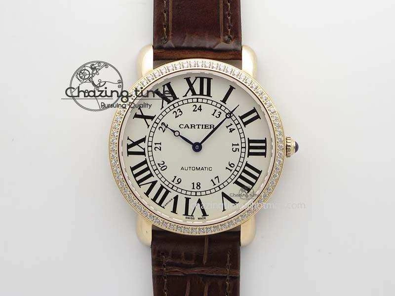 Cozy Ronde Louis Cartier RG UT Best Edition White Dial Diamond Bezel On Brown Leather Strap 6337