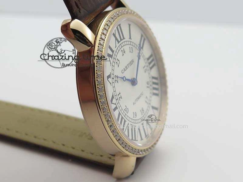 Cozy Ronde Louis Cartier RG UT Best Edition White Dial Diamond Bezel On Brown Leather Strap 6337