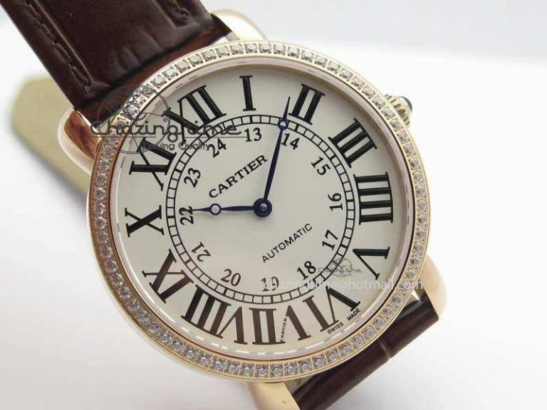 Cozy Ronde Louis Cartier RG UT Best Edition White Dial Diamond Bezel On Brown Leather Strap 6337