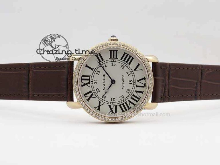 Cozy Ronde Louis Cartier RG UT Best Edition White Dial Diamond Bezel On Brown Leather Strap 6337