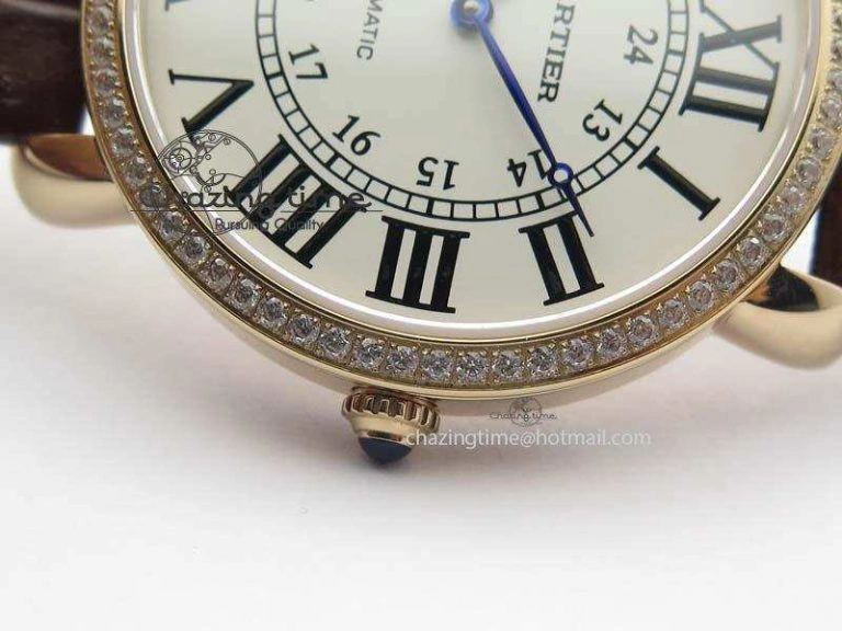 Cozy Ronde Louis Cartier RG UT Best Edition White Dial Diamond Bezel On Brown Leather Strap 6337