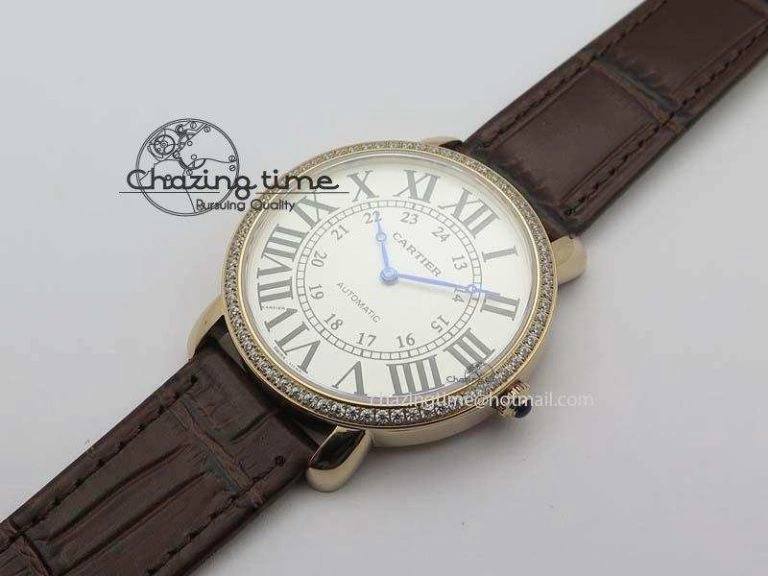 Cozy Ronde Louis Cartier RG UT Best Edition White Dial Diamond Bezel On Brown Leather Strap 6337