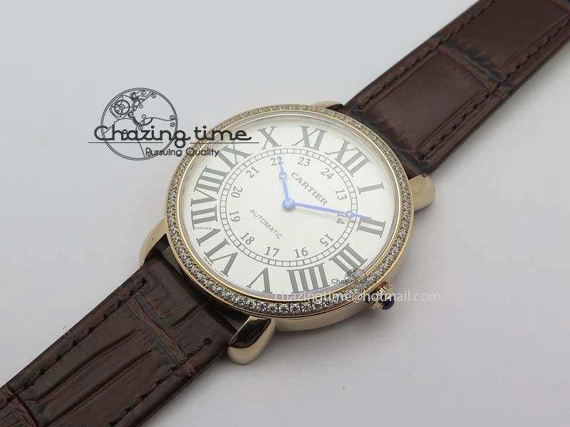 Cozy Ronde Louis Cartier RG UT Best Edition White Dial Diamond Bezel On Brown Leather Strap 6337