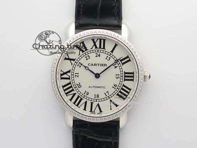 Bold Ronde Louis Cartier SS UT Best Edition White Dial Diamond Bezel On Black Leather Strap 6336