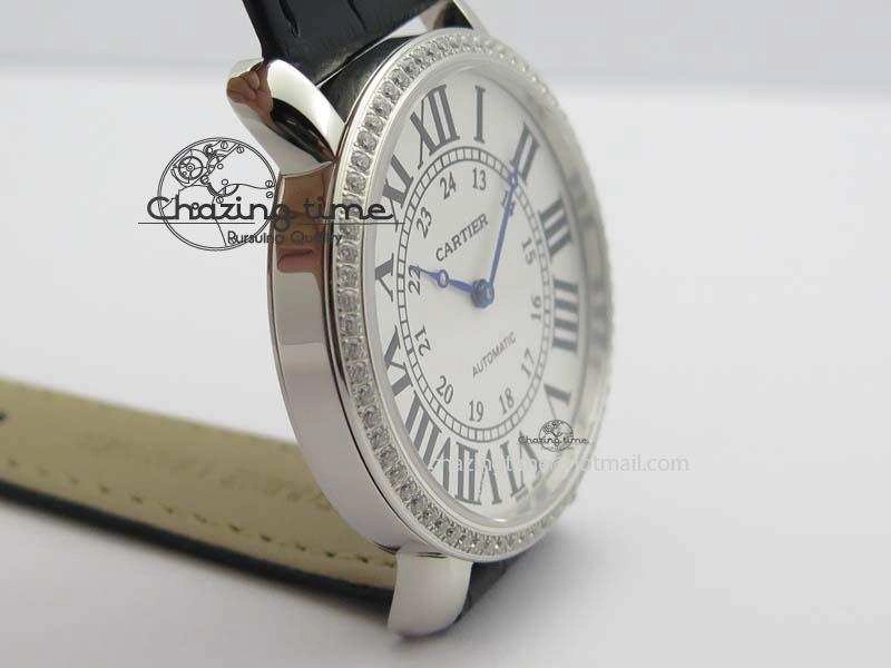 Bold Ronde Louis Cartier SS UT Best Edition White Dial Diamond Bezel On Black Leather Strap 6336