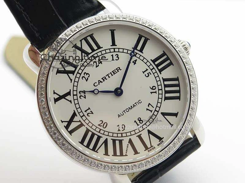 Bold Ronde Louis Cartier SS UT Best Edition White Dial Diamond Bezel On Black Leather Strap 6336